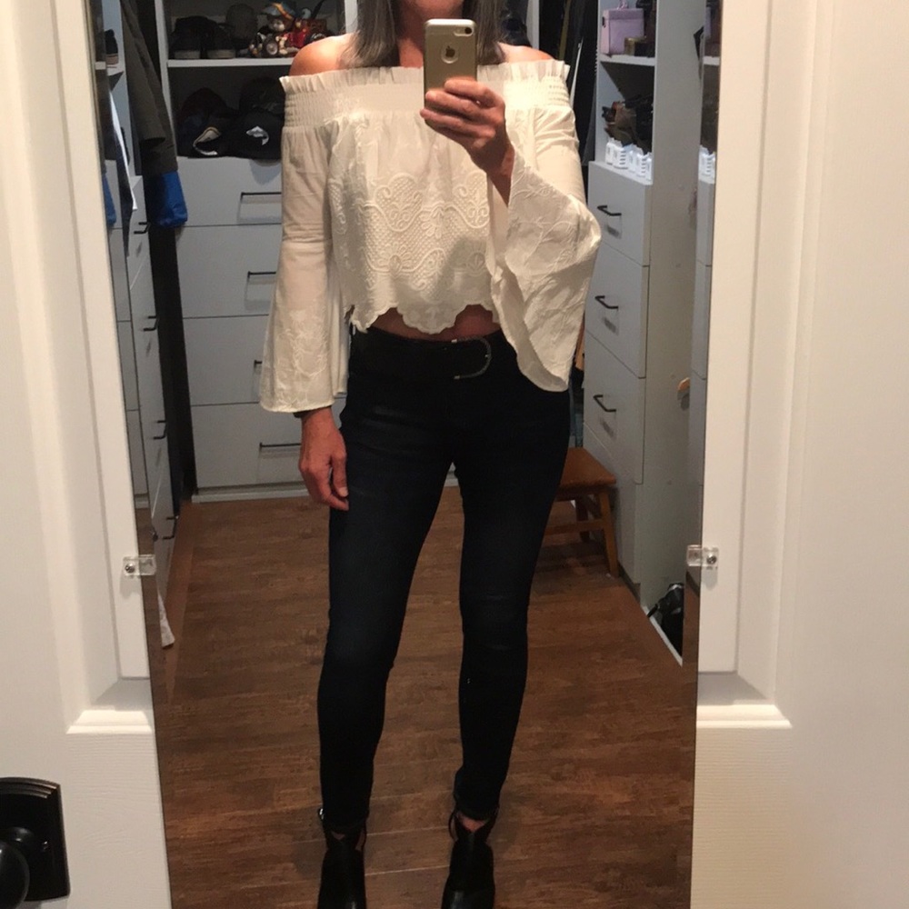 Red Carter Embroidered Off the Shoulder Crop Top - Picture 2 of 7
